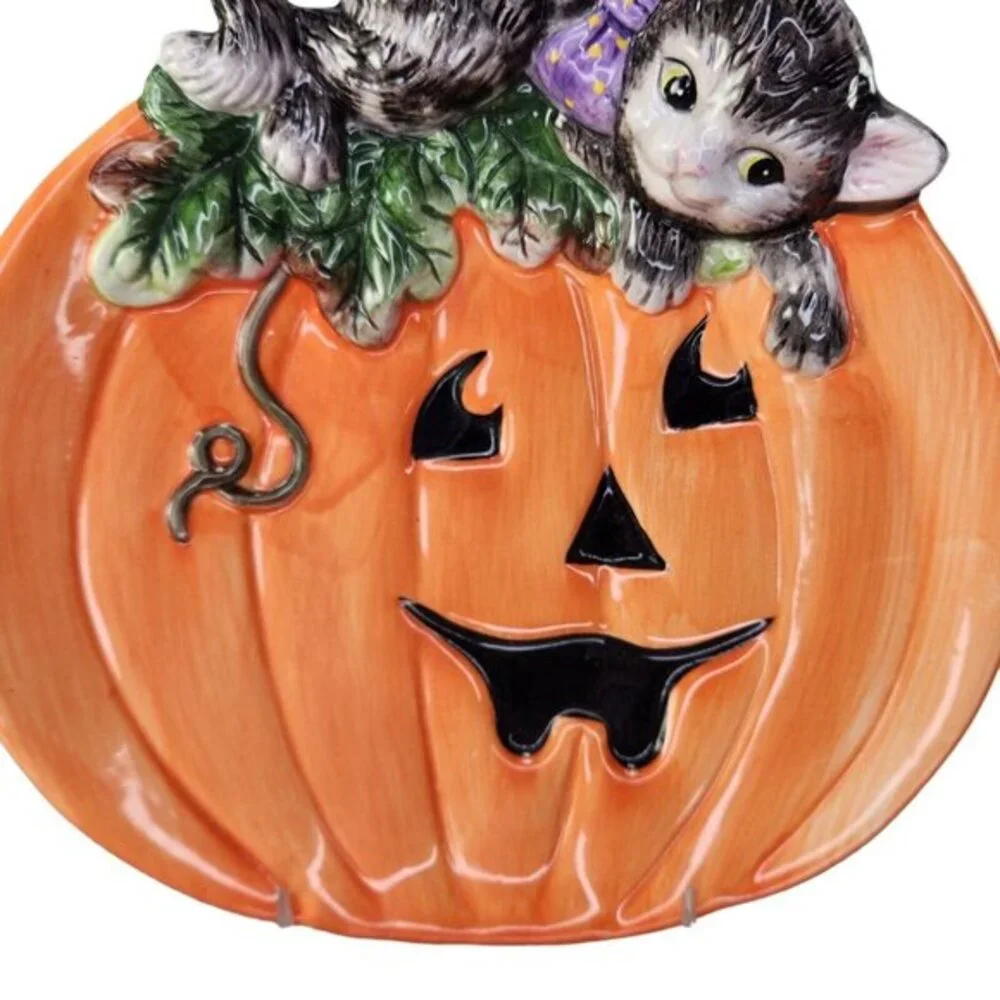 Fitz and Floyd Halloween Snack Plate Cat Jack O Lantern Canape Serving‎ READ